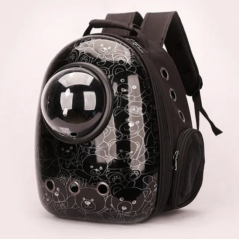 Black pet carrier with bear illustrations on a white background