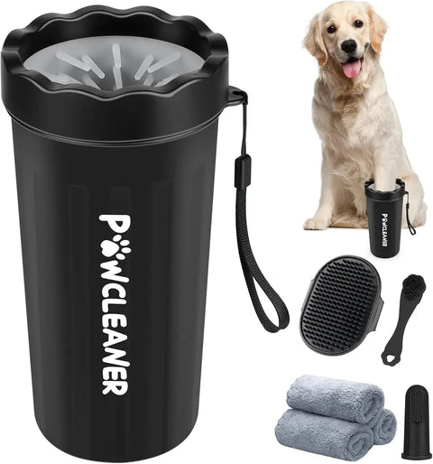 Black silicone dog paw washer cup set with grooming accessories shown next to a Golden Retriever.