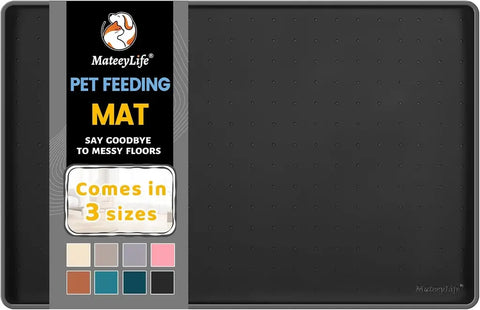 Black MateeyLife silicone pet feeding mat for dogs and cats with splash-resistant edges.