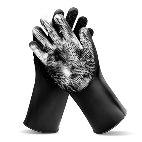 Black silicone pet scrubbing gloves with dense cleaning bristles.