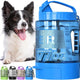 Blue 77oz dog water bottle container designed for large dogs and long hikes next to a Border Collie