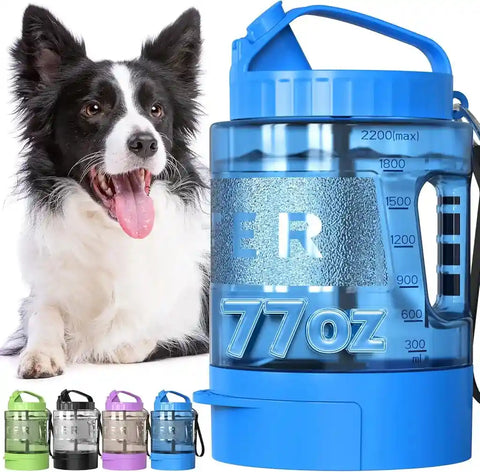 Blue 77oz dog water bottle container designed for large dogs and long hikes next to a Border Collie