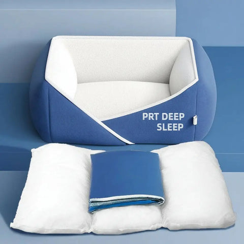Blue and white pet bed with 'PRT DEEP SLEEP' text on blue background.