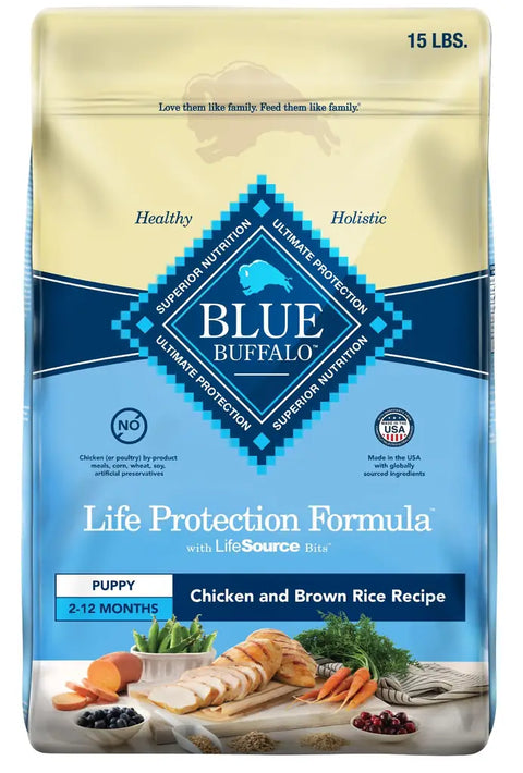 Front view of Blue Buffalo Life Protection Formula Puppy Chicken and Brown Rice Recipe 15 lb bag