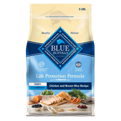 Front view of Blue Buffalo Life Protection Formula Puppy Chicken and Brown Rice Recipe 5 lb bag