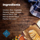 List of healthy ingredients for Blue Buffalo Nudges including chicken, duck, and natural flavors on a wooden background.
