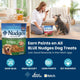 A woman feeding a Blue Buffalo Nudges Grillers dog treat to her dog, highlighting the Fetch app rewards program.