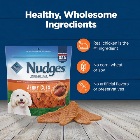 Blue Buffalo Nudges Jerky Cuts value pack bag featuring real chicken and duck with no corn, wheat, or soy.