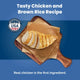 Close-up of grilled chicken breast on a wooden board labeled real chicken is the first ingredient