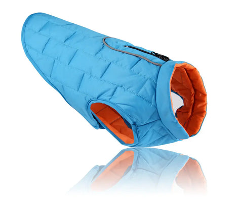 Blue dog coat with orange interior on a white background.