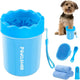 Blue portable dog paw cleaner cup kit displayed with a small breed dog and bath accessories.
