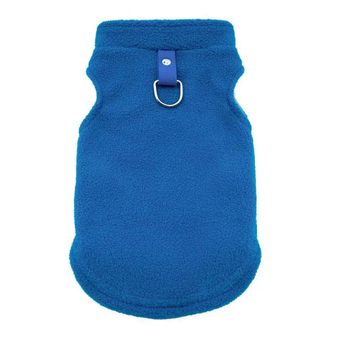 Blue fleece dog vest on a white background