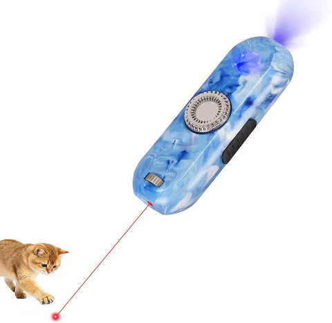 Blue marble pattern 3-in-1 laser pointer toy projecting a red dot for a brown kitten to chase