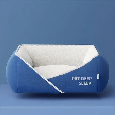 Blue pet bed with white interior on blue background.