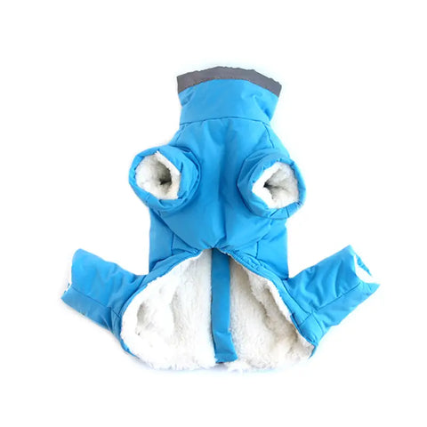 Blue pet coat with white lining on white background.