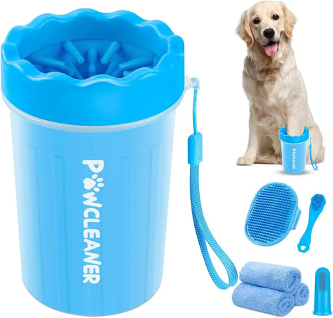 Complete blue dog paw cleaner set including silicone paw washer cup, bath brush, and towels.