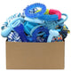 Bulk assortment of blue rubber teething toys and braided ropes in a cardboard shipping box