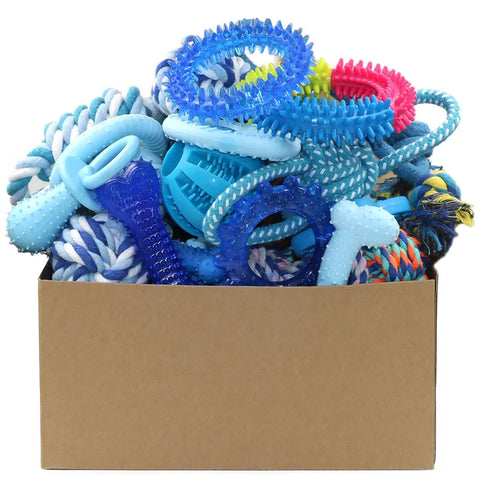 Bulk assortment of blue rubber teething toys and braided ropes in a cardboard shipping box