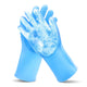 Light blue silicone pet grooming and washing gloves pair.