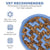 Blue slow feeder bowl infographic highlighting BPA-free, dishwasher safe, and non-slip base features.