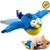 Cat playing with a blue and yellow bird-shaped plush toy on a white background