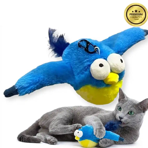 Blue and yellow plush toy resembling a bird with a Russian Blue cat playing with it on a white background.