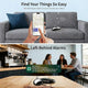 Smart tracker on a sofa showing 100dB beep feature and phone notification alert.