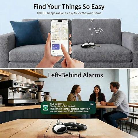 Smart tracker on a sofa showing 100dB beep feature and phone notification alert.