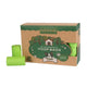 Box of biodegradable poop bags with green bags on white background.