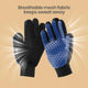 Front and back view of a blue pet grooming glove showing the breathable mesh fabric that keeps sweat away