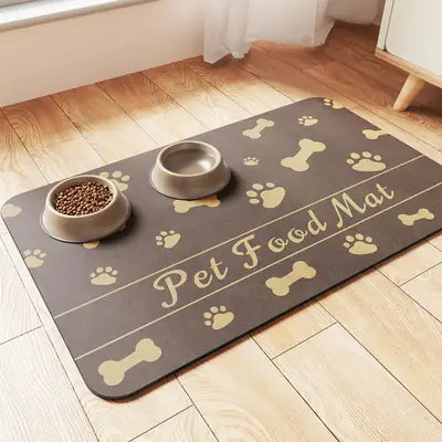 Dark brown pet food mat with tan bone and paw print patterns and "Pet Food Mat" text.