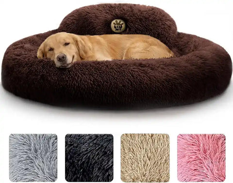 Large golden retriever resting in a plush dark brown round donut dog bed