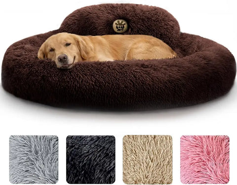 Large golden retriever resting in a plush dark brown round donut dog bed