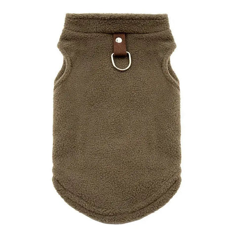 Brown fleece dog vest with a leather strap on a white background