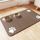 Coffee brown herringbone pattern pet food mat with two bowls and white paw accents.