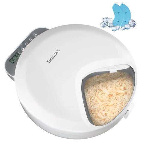 Bsemax white timed automatic pet feeder showing shredded chicken meal and cooling ice packs