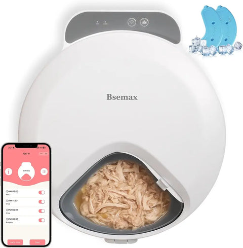 White Bsemax smart automatic cat feeder connected to mobile app with ice packs
