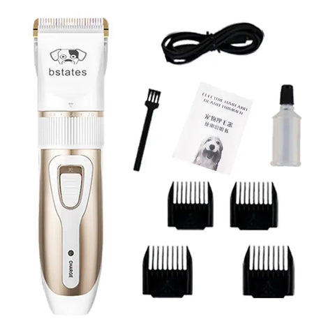 white and gold professional pet hair trimmer kit with attachment combs, manual, and oil.