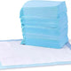 A large stack of blue leak-proof dog pee pads next to an unfolded white training pad