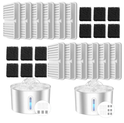 Large bulk set of 12 replacement carbon filters and 12 pre-filter sponges for stainless steel cat fountains.
