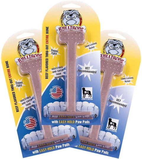Three-pack of beef flavored Bullibone dog chew toys for medium to large dogs with easy-hold paw pads.