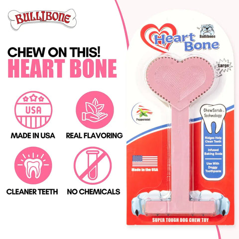 Bullibone Heart Bone peppermint flavored dental chew toy with ChewScrub technology and baking soda infusion.