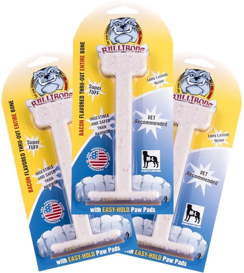 Three-pack of large bacon flavored Bullibone dog chew toys in retail packaging.