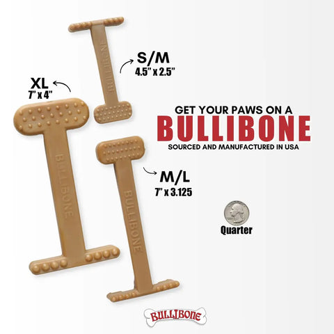 Size comparison of Small, Medium, Large, and XL Bullibone chew toys with a quarter for scale.