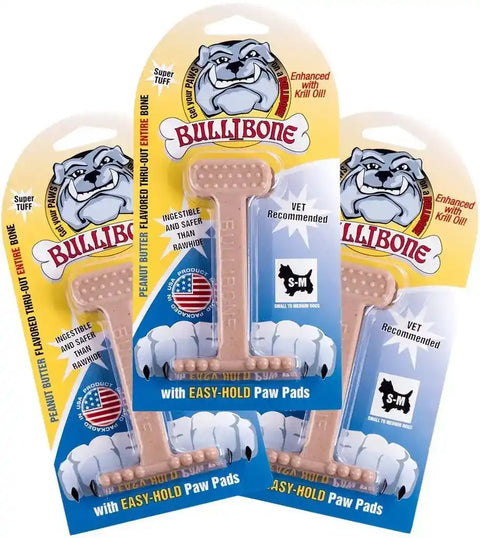 Three-pack of small peanut butter flavored Bullibone toys enhanced with krill oil.