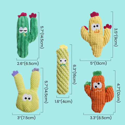 Dimension chart showing the sizes in inches and centimeters of five different cute cactus-shaped corduroy cat chew toys.