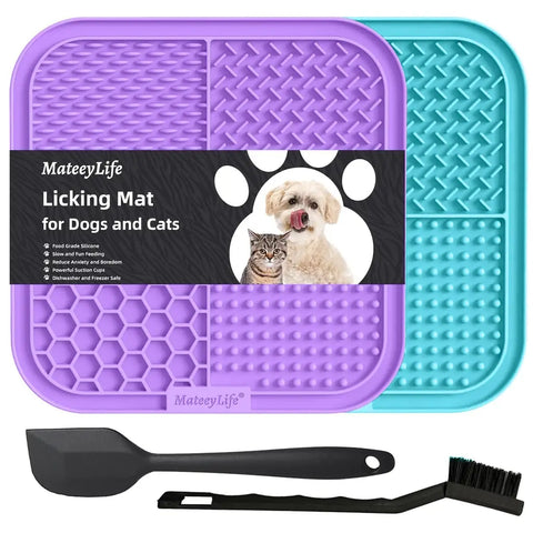 Purple and blue MateeyLife cat and dog licking mat kit with matching scraper and brush.