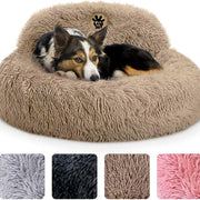 Fluffy round calming dog bed in tan faux fur with color option swatches