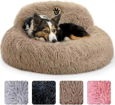 Fluffy round calming dog bed in tan faux fur with color option swatches