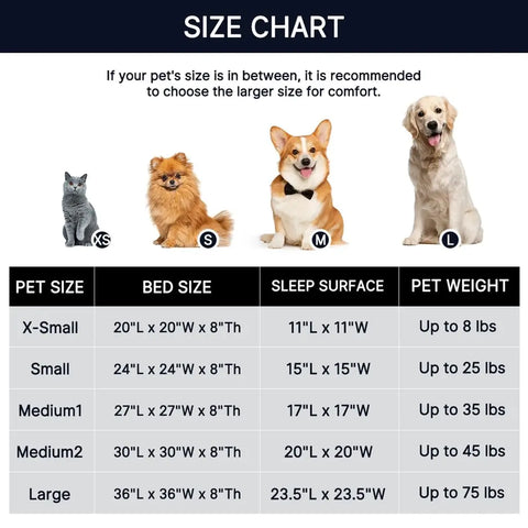 Calming donut dog bed size chart showing pet weight recommendations and bed dimensions
